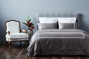 australian designed luxury organic cotton hotel collection sheet set in grey with white stitching